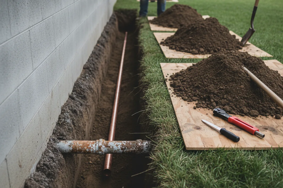 Excavated water line trench during Water Heater Repair in Richvale